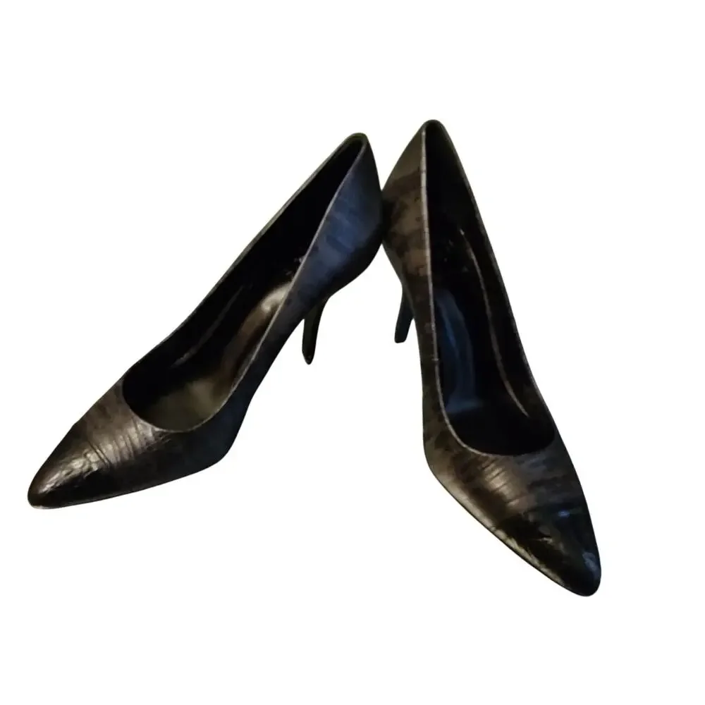 TORY BURCH Lizard Print Leather Cap Toe Gray/Black Pumps Heels‎ NEW 7 1/2